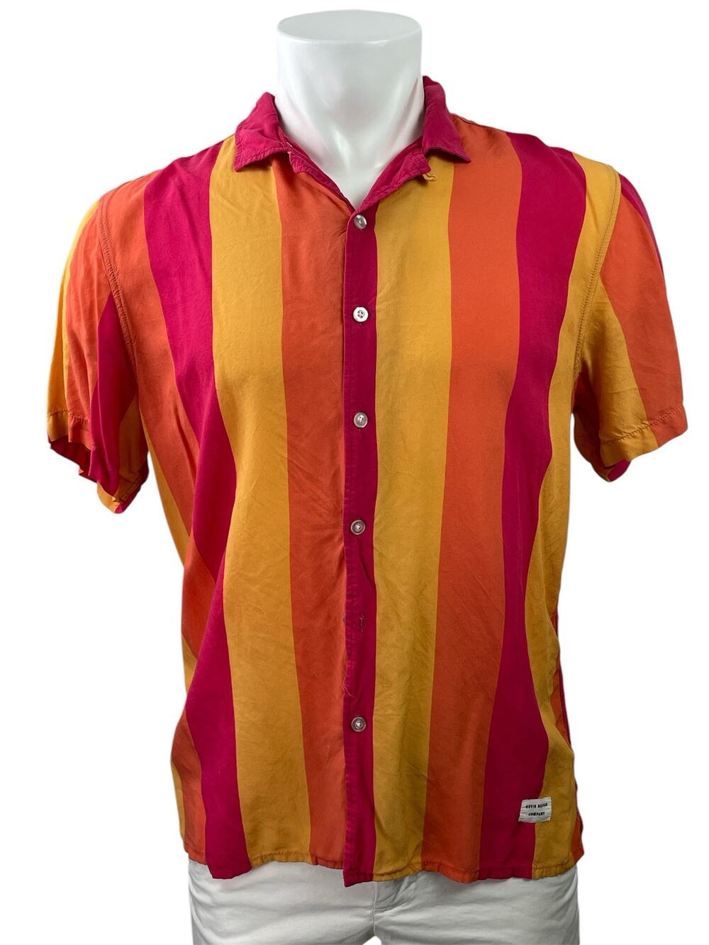 Duvin Men Coral Red Striped Colorblock Short Sleeve Button Down Shirt Top Size M